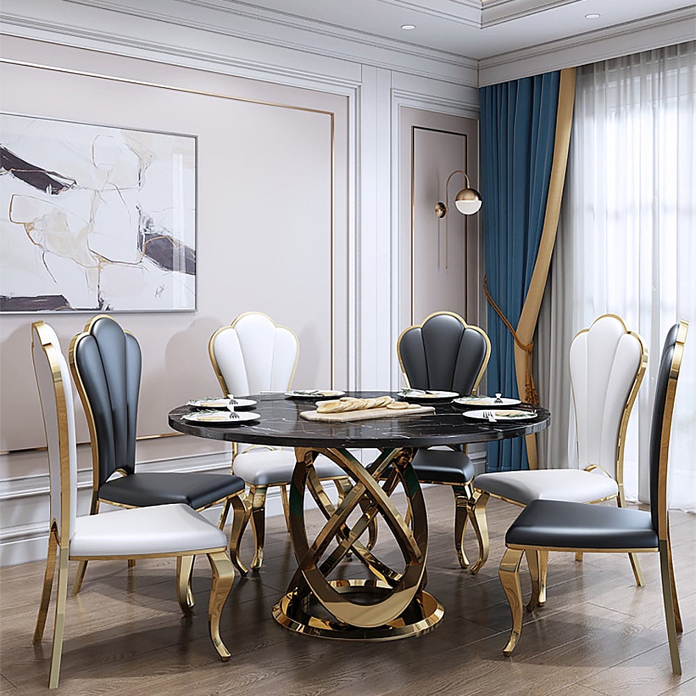 HMR - Modern Style Round Faux Marble Dining Table Seats 4-6 People