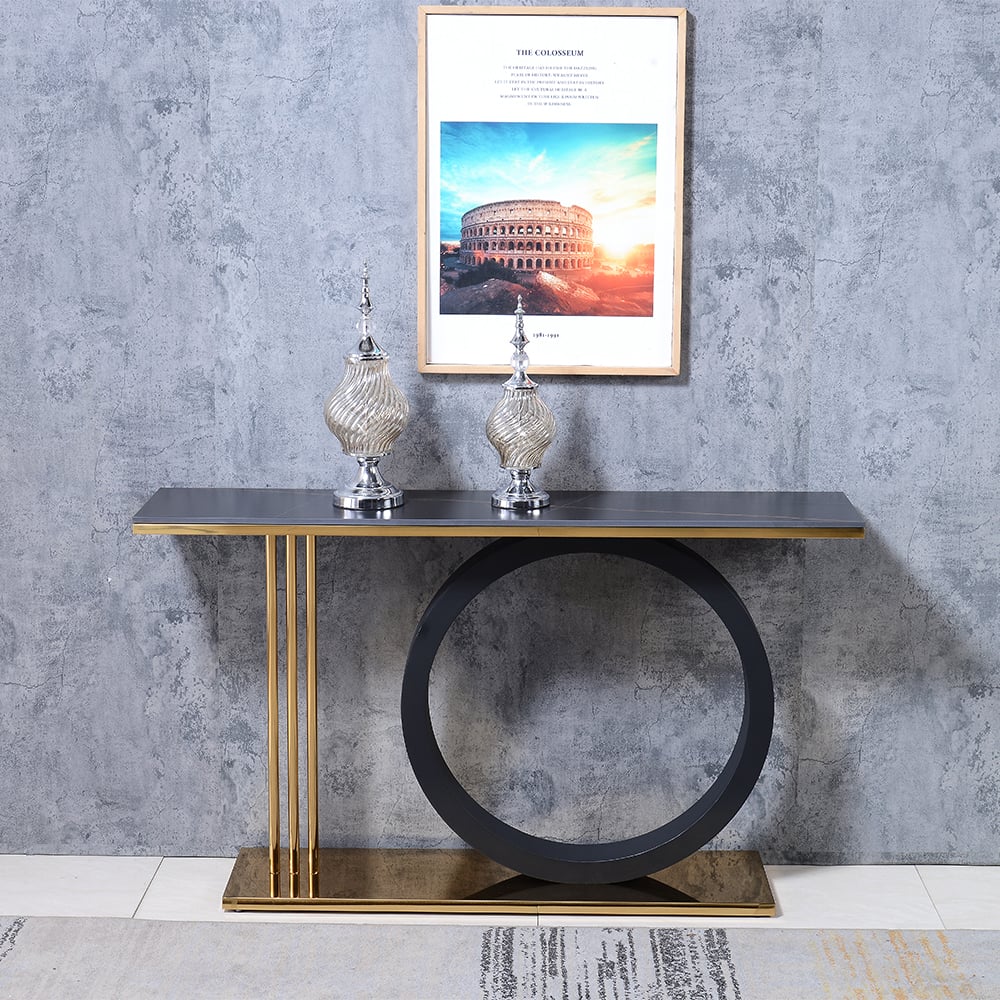 HMR - 55" Post Modern Black Geometry Console Table Sintered Stone Top Stainless Steel Frame