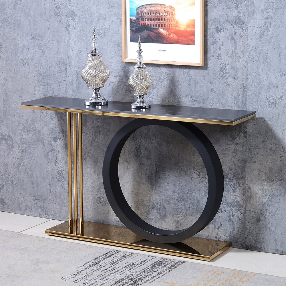 HMR - 55" Post Modern Black Geometry Console Table Sintered Stone Top Stainless Steel Frame