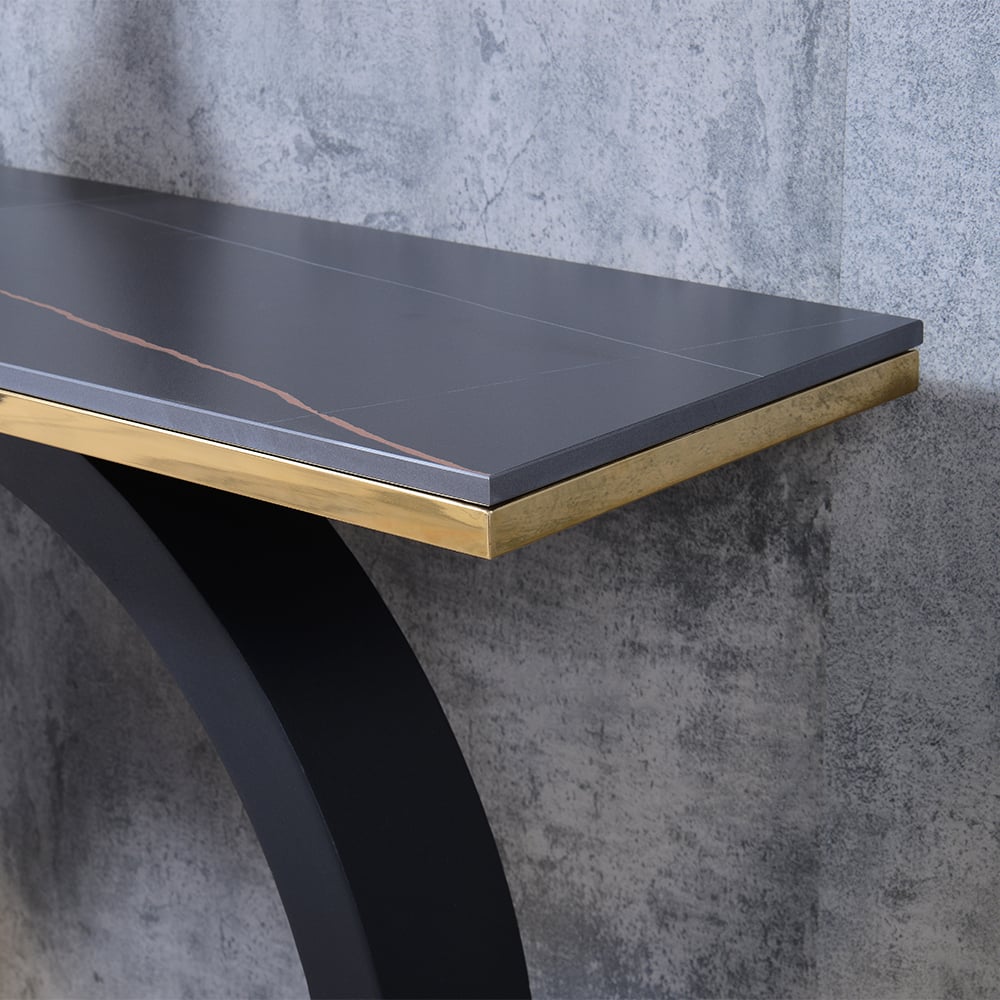 HMR - 55" Post Modern Black Geometry Console Table Sintered Stone Top Stainless Steel Frame