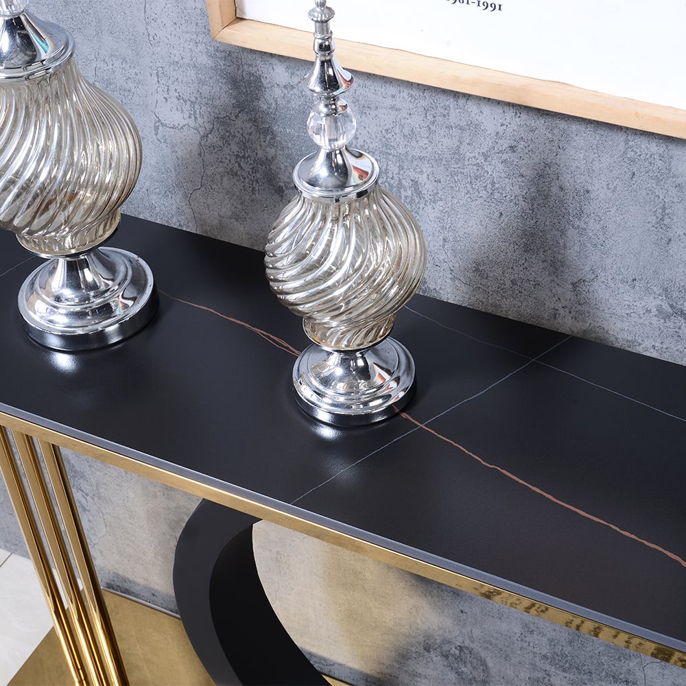 HMR - 55" Post Modern Black Geometry Console Table Sintered Stone Top Stainless Steel Frame