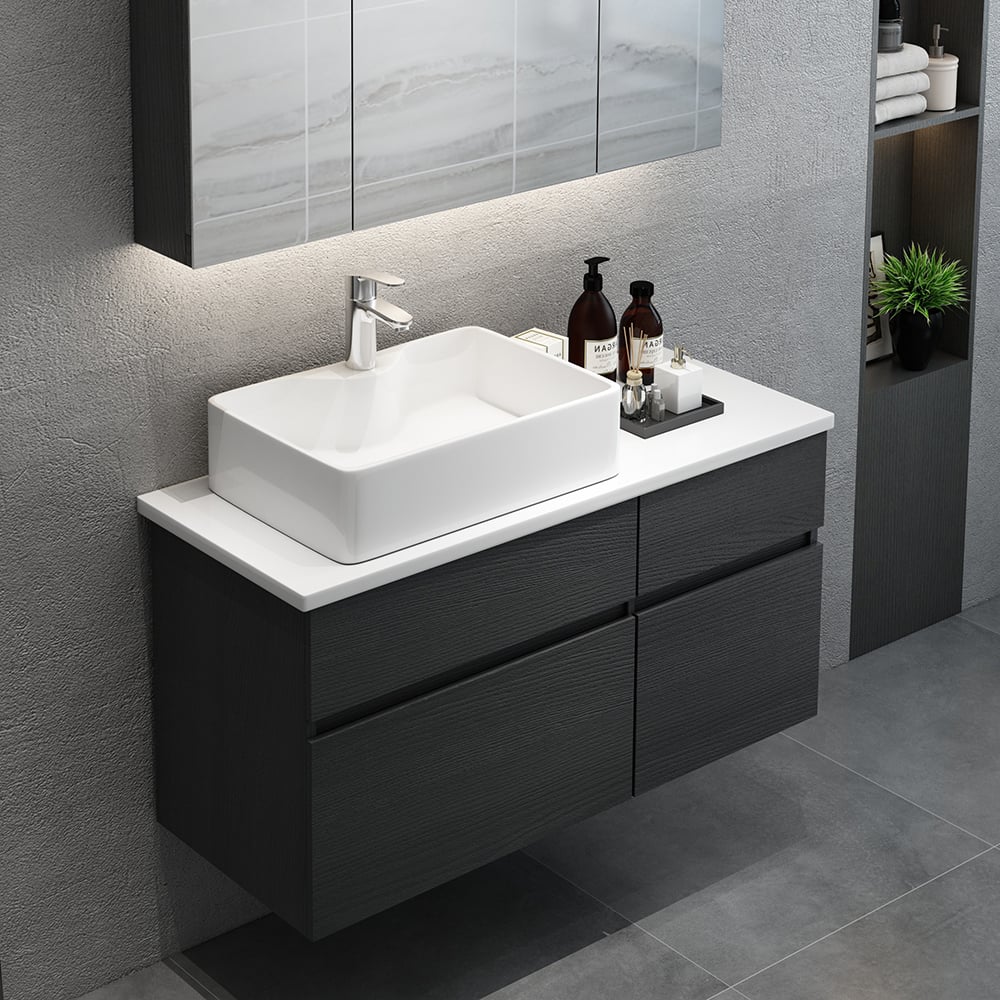 HMR - Modern Floating Bathroom Vanity Set with Faux Marble Top & Double Ceramic with Vessel Sink