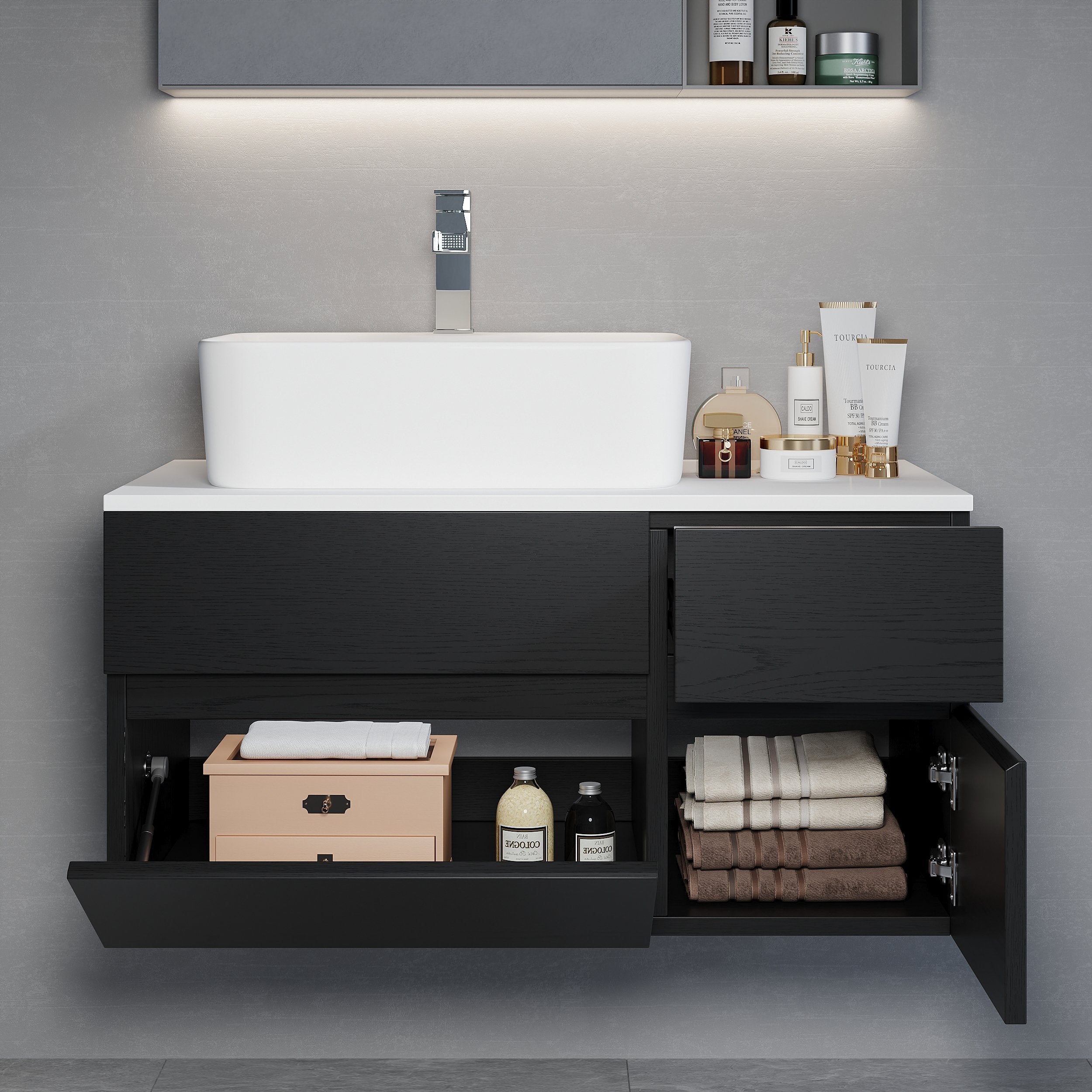 HMR - Modern Floating Bathroom Vanity Set with Faux Marble Top & Double Ceramic with Vessel Sink