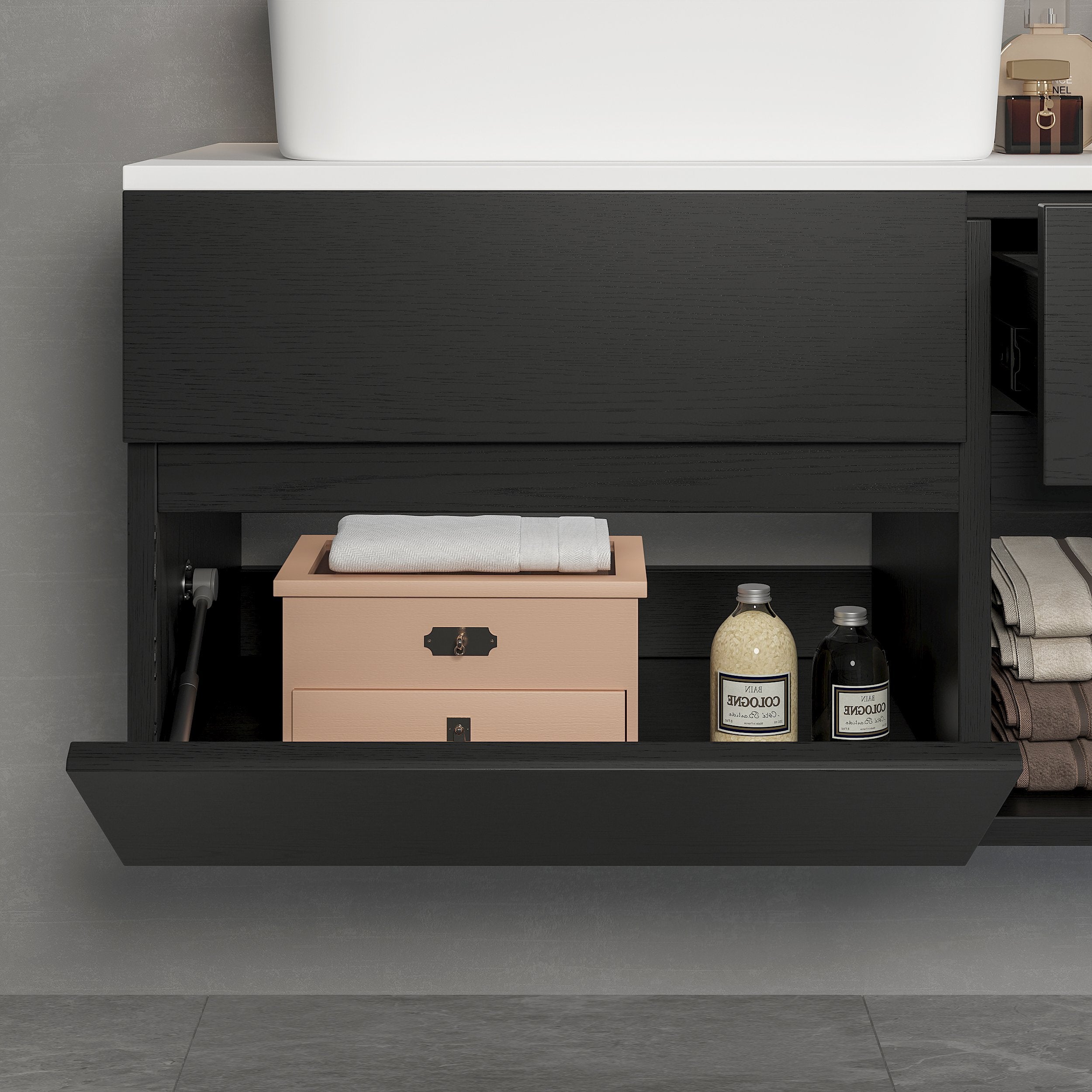HMR - Modern Floating Bathroom Vanity Set with Faux Marble Top & Double Ceramic with Vessel Sink