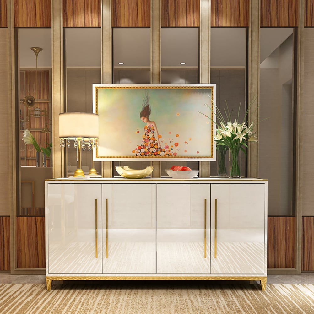 HMR - 59" Rectangle Sideboard Buffet Tempered Glass Top Cabinet 4 Doors & 2 Shelves