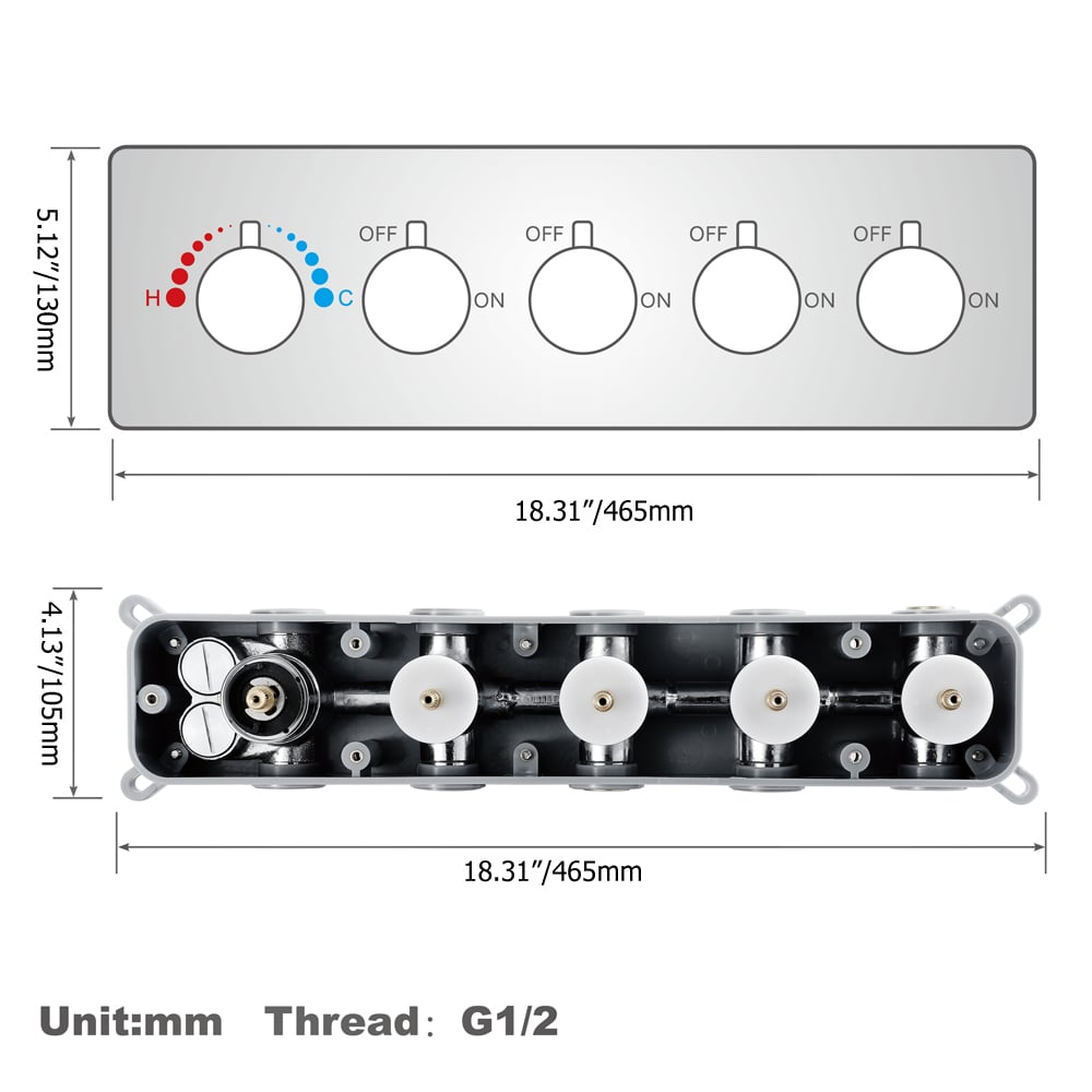 HMR - Wall-Mounted 23" Thermostatic Shower System 4 Functions