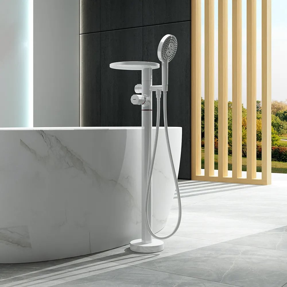 HMR - Floor Mounted Tub Faucet with Handshower & Stone Top in White & Rose Gold