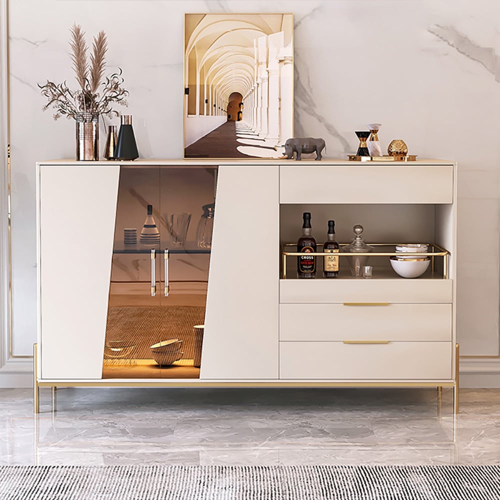 HMR - Dolawn Series 55.1" Modern Wood Sideboard Buffet Tempered Glass Doors with Shelf Tray Wine Rack