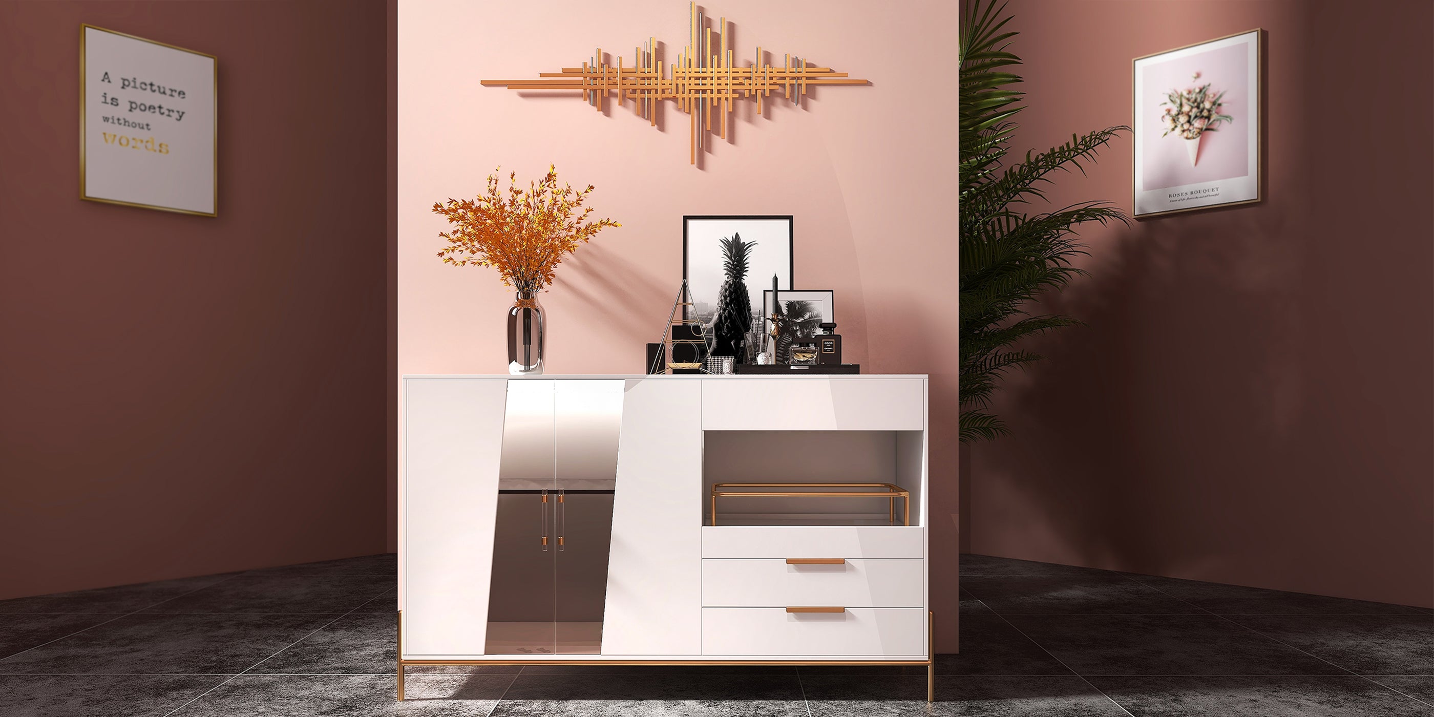 HMR - Dolawn Series 55.1" Modern Wood Sideboard Buffet Tempered Glass Doors with Shelf Tray Wine Rack