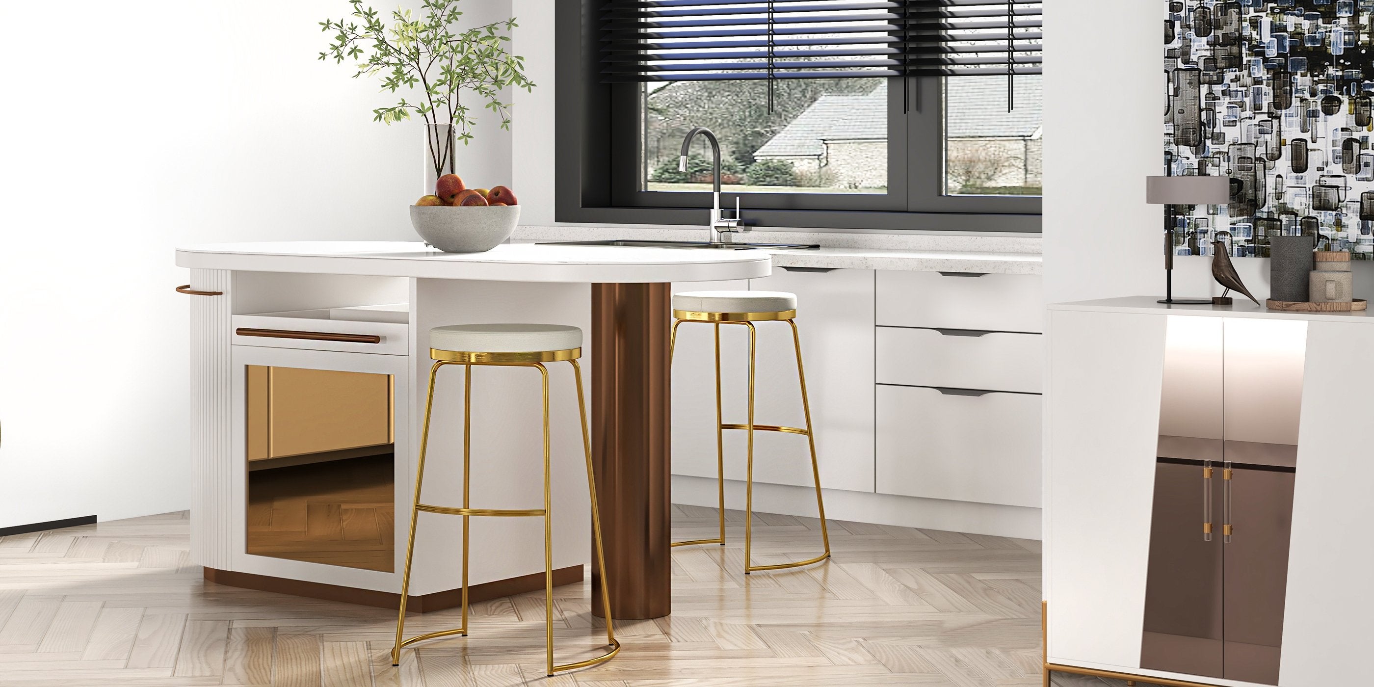 HMR - Dolawn Series 55.1" Modern Wood Sideboard Buffet Tempered Glass Doors with Shelf Tray Wine Rack