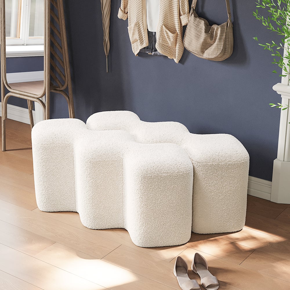 HMR - Modern Entryway Bench Boucle Upholstered Molecule Ottoman Wooden Frame