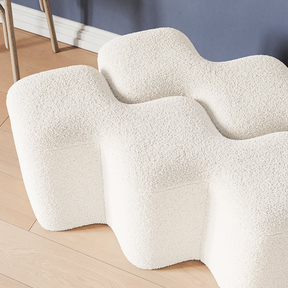 HMR - Modern Entryway Bench Boucle Upholstered Molecule Ottoman Wooden Frame