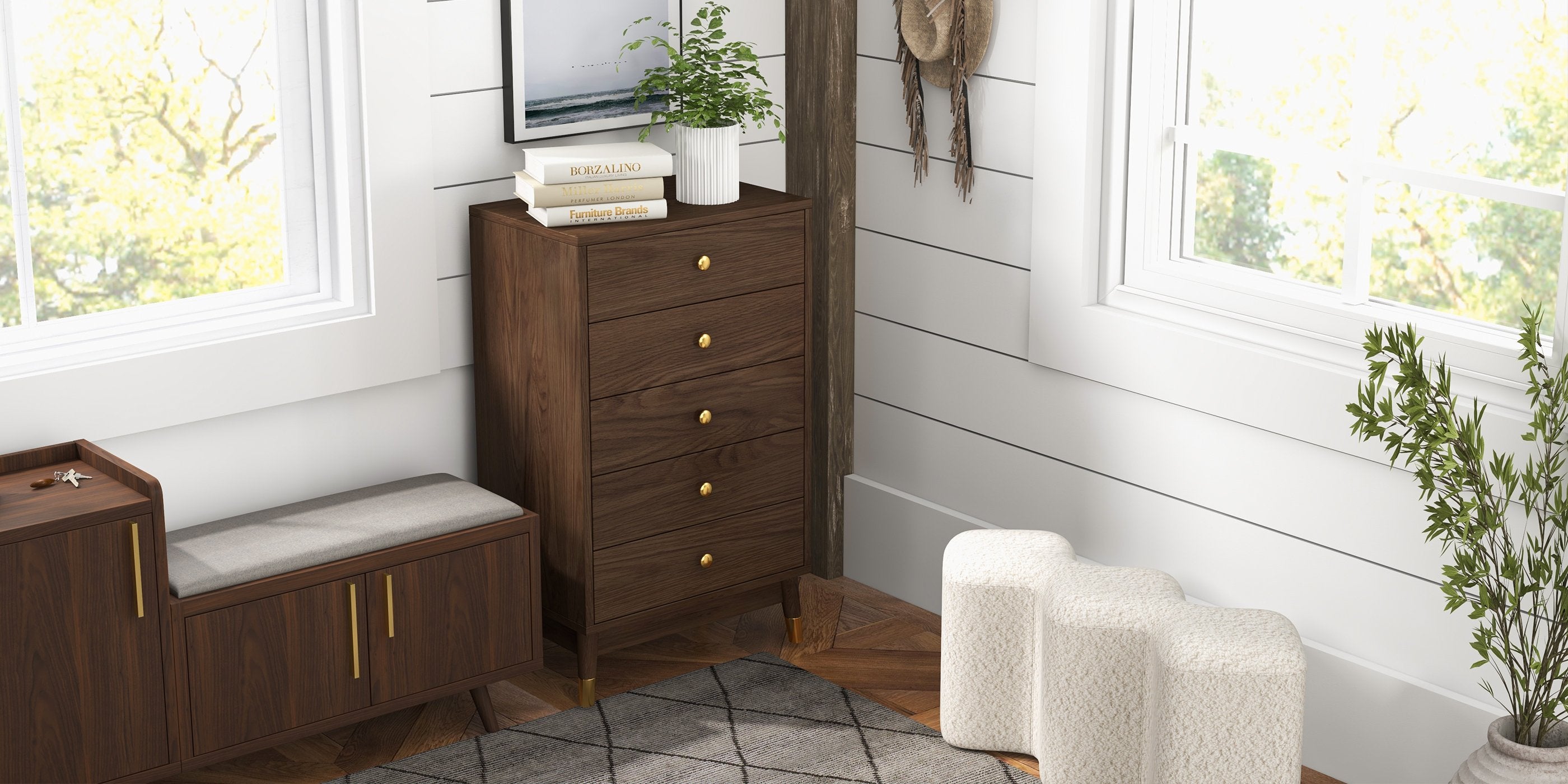 HMR - Modern Entryway Bench Boucle Upholstered Molecule Ottoman Wooden Frame