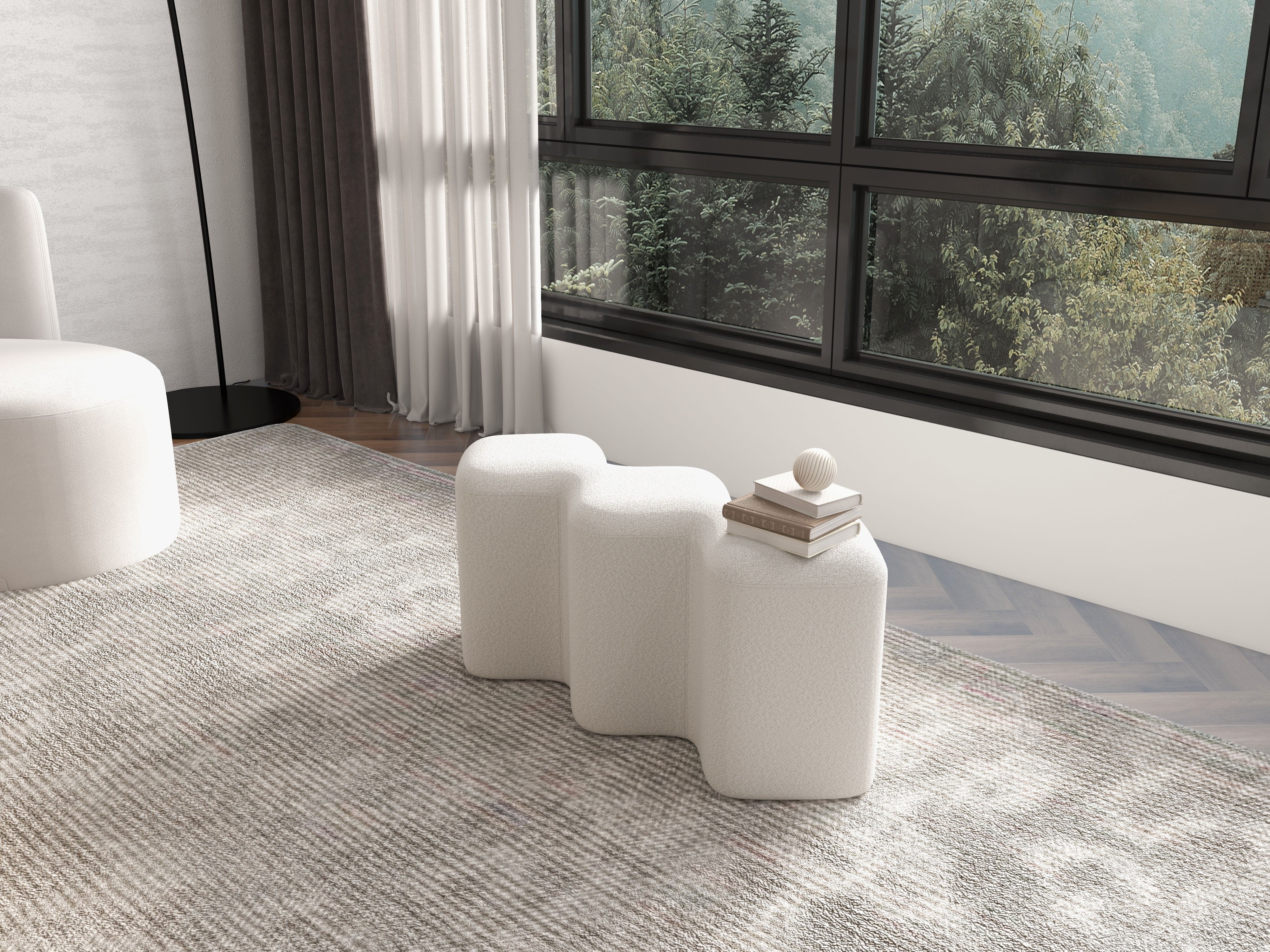 HMR - Modern Entryway Bench Boucle Upholstered Molecule Ottoman Wooden Frame