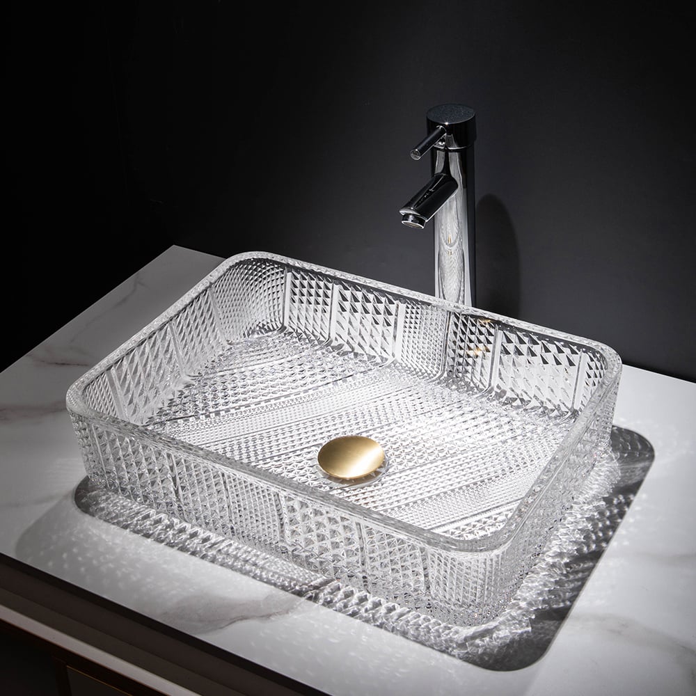 HMR - Modern Glass Rectangle Transparent Bathroom Vessel Sink Wash Sink with Drain
