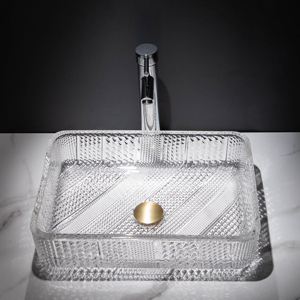 HMR - Modern Glass Rectangle Transparent Bathroom Vessel Sink Wash Sink with Drain