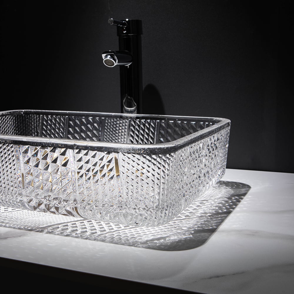 HMR - Modern Glass Rectangle Transparent Bathroom Vessel Sink Wash Sink with Drain