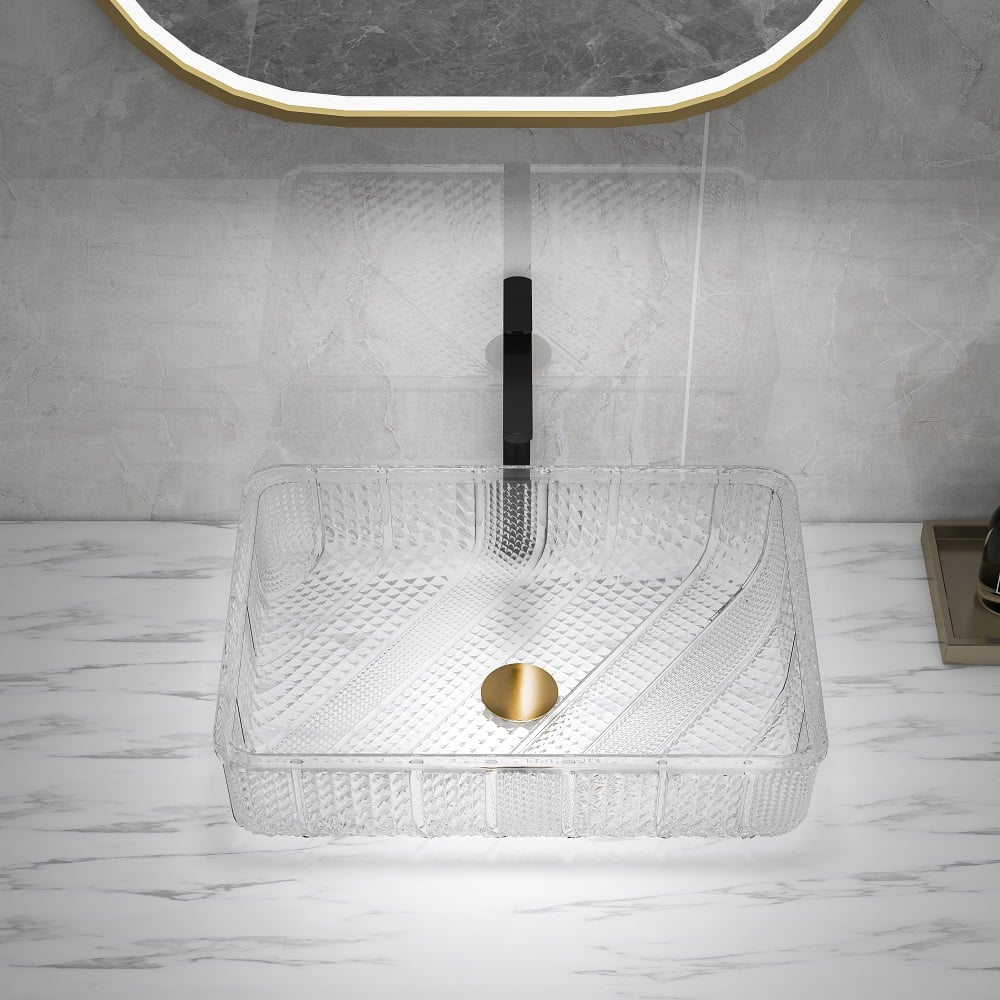HMR - Modern Glass Rectangle Transparent Bathroom Vessel Sink Wash Sink with Drain