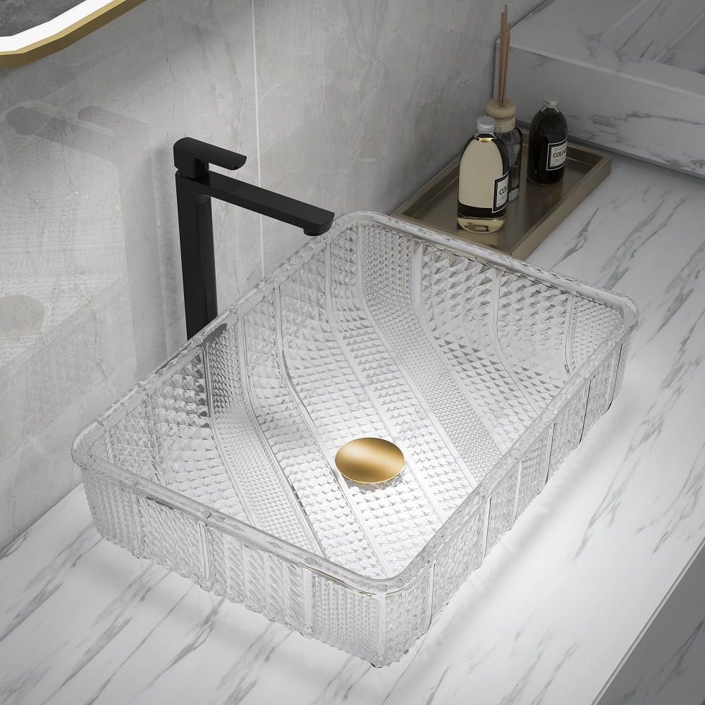 HMR - Modern Glass Rectangle Transparent Bathroom Vessel Sink Wash Sink with Drain