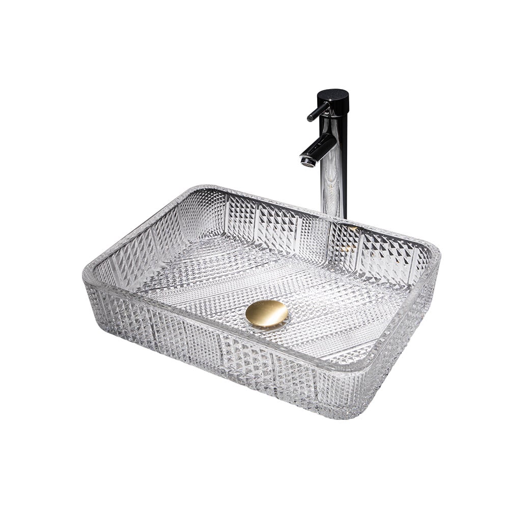 HMR - Modern Glass Rectangle Transparent Bathroom Vessel Sink Wash Sink with Drain
