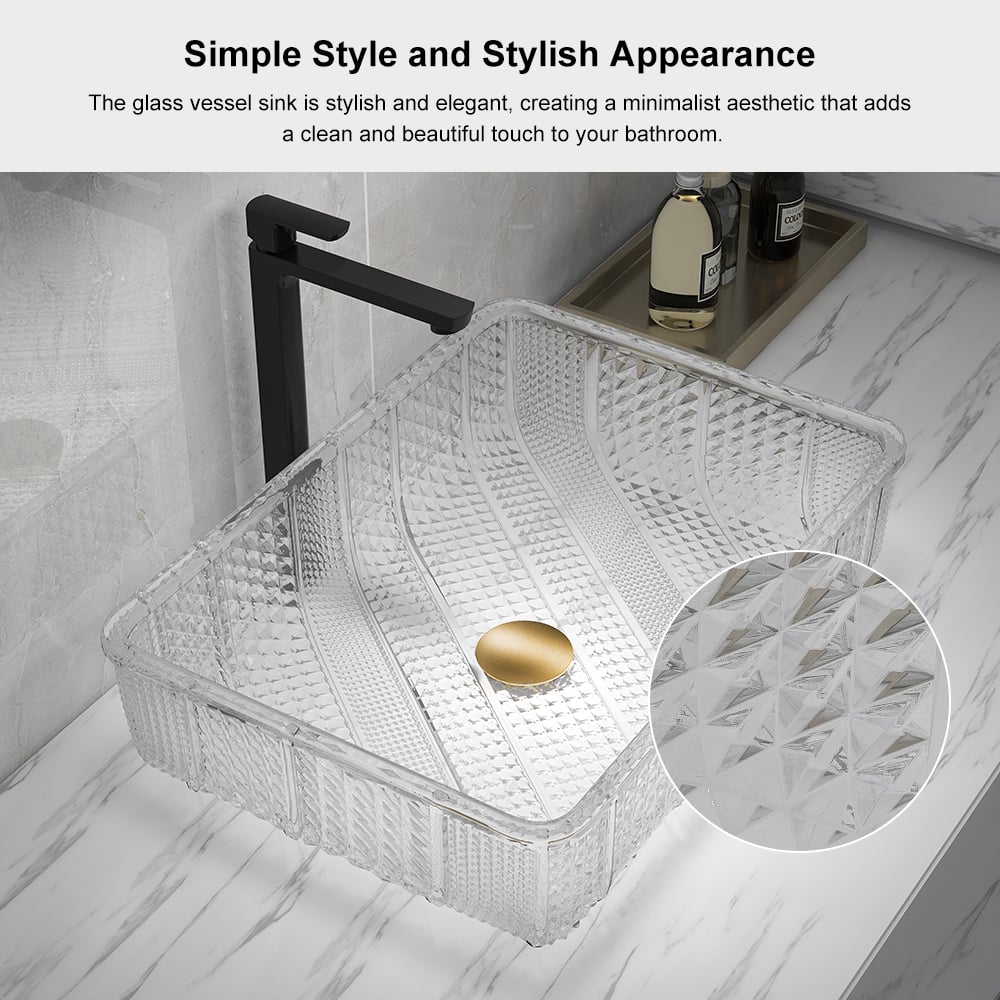 HMR - Modern Glass Rectangle Transparent Bathroom Vessel Sink Wash Sink with Drain