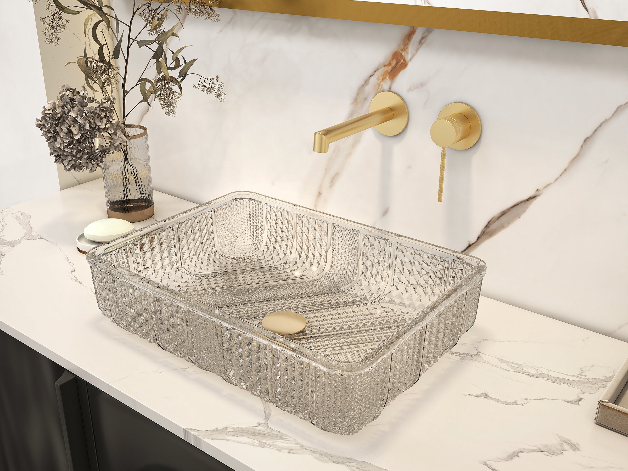 HMR - Modern Glass Rectangle Transparent Bathroom Vessel Sink Wash Sink with Drain