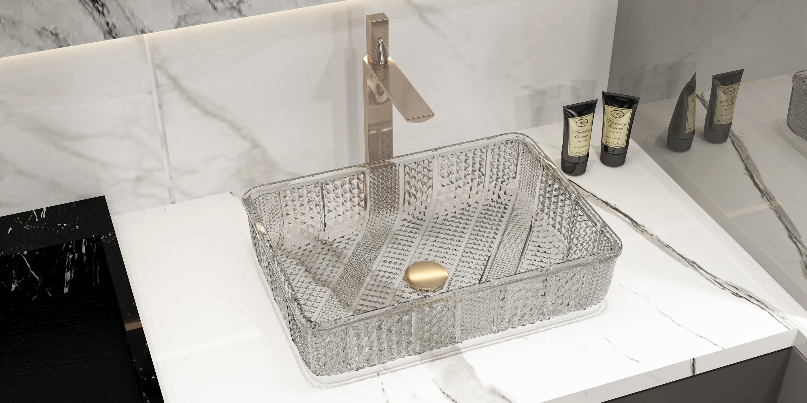 HMR - Modern Glass Rectangle Transparent Bathroom Vessel Sink Wash Sink with Drain