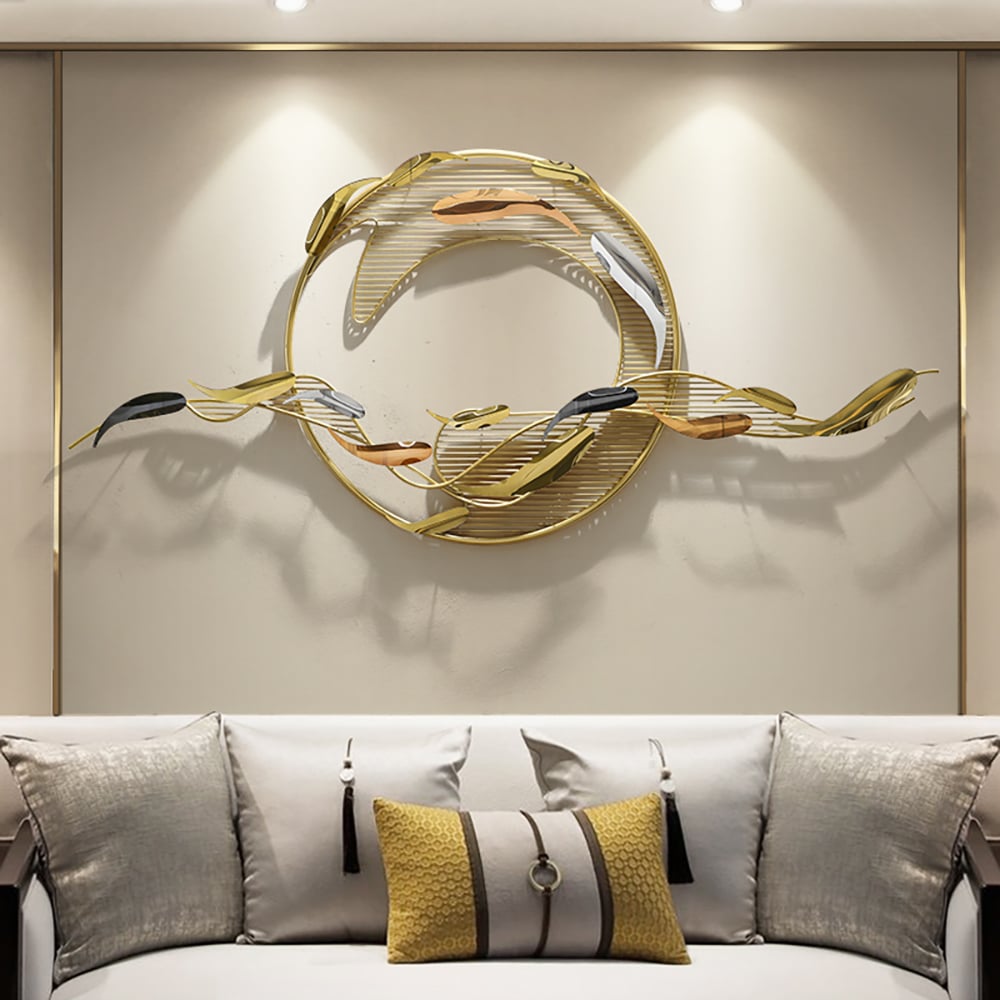 HMR - 58.3"W Modern Surge Fishes Metal Wall Decor with Unique Shape in Gold for Living Room