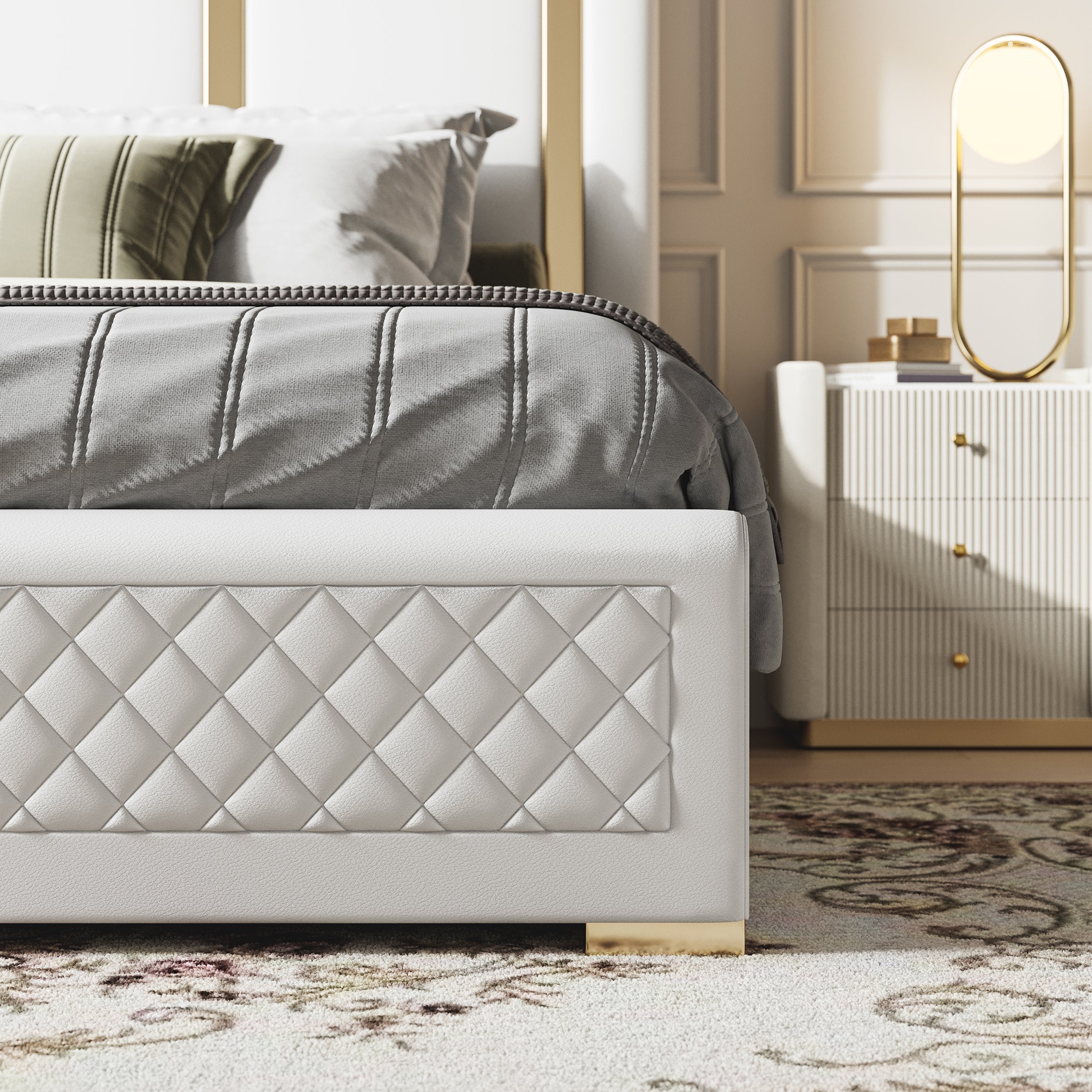 HMR - Modern Upholstered Bed Frame with Polished Gold and Faux Leather Headboard