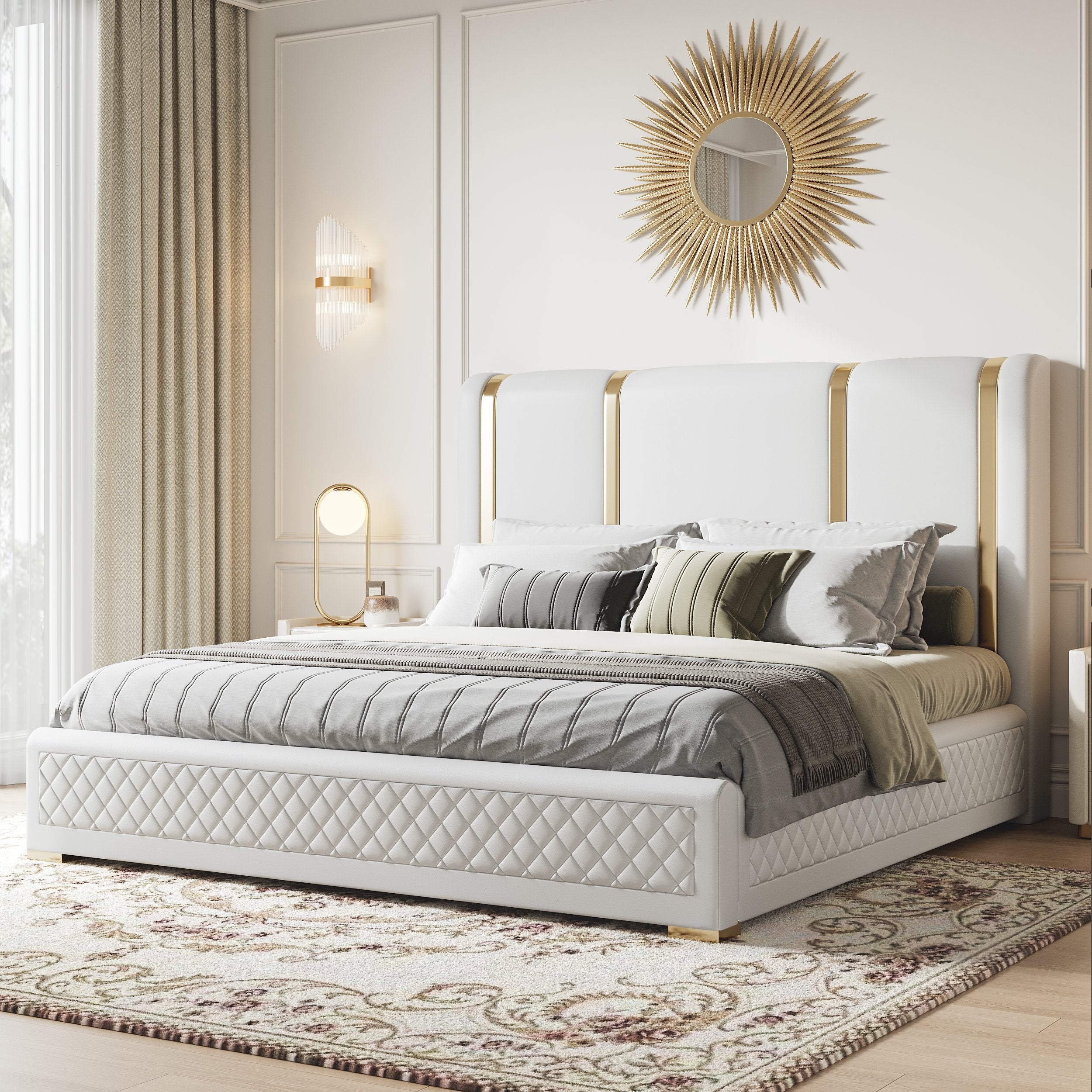 HMR - Modern Upholstered Bed Frame with Polished Gold and Faux Leather Headboard