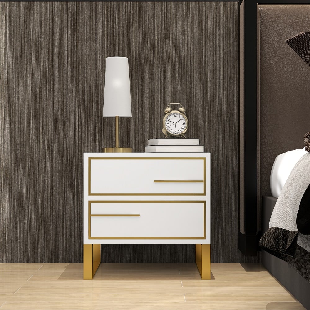 HMR - Lacquered 2-Drawer Nightstand with Golden Stainless Steel Legs in White