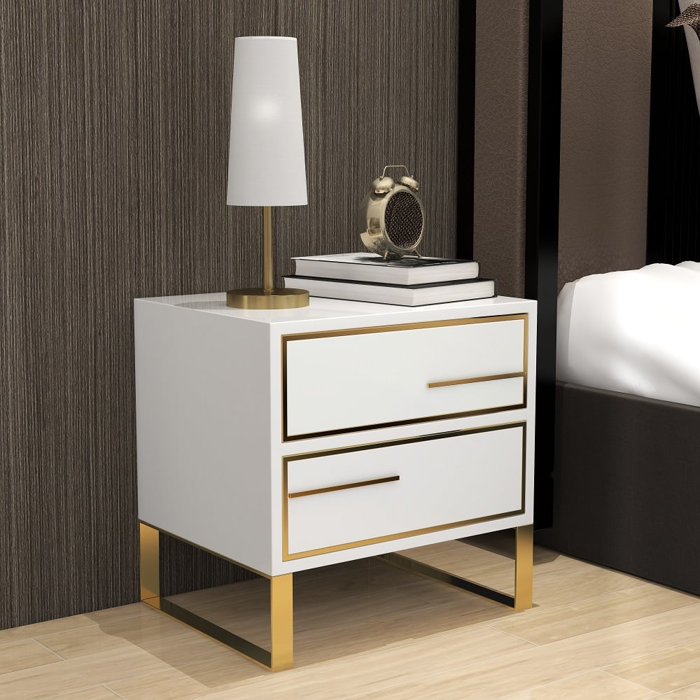 HMR - Lacquered 2-Drawer Nightstand with Golden Stainless Steel Legs in White