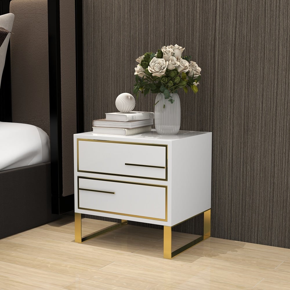 HMR - Lacquered 2-Drawer Nightstand with Golden Stainless Steel Legs in White