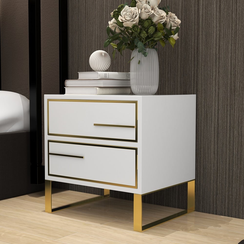 HMR - Lacquered 2-Drawer Nightstand with Golden Stainless Steel Legs in White