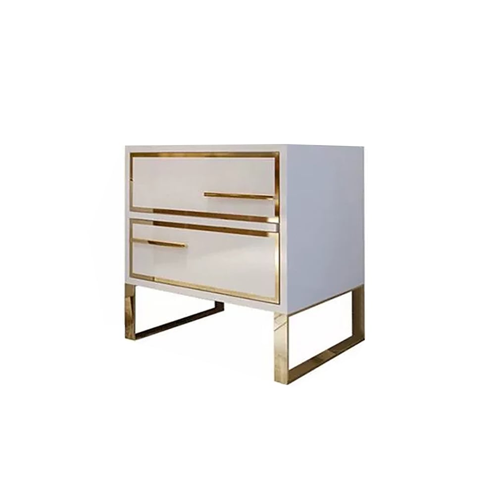 HMR - Lacquered 2-Drawer Nightstand with Golden Stainless Steel Legs in White