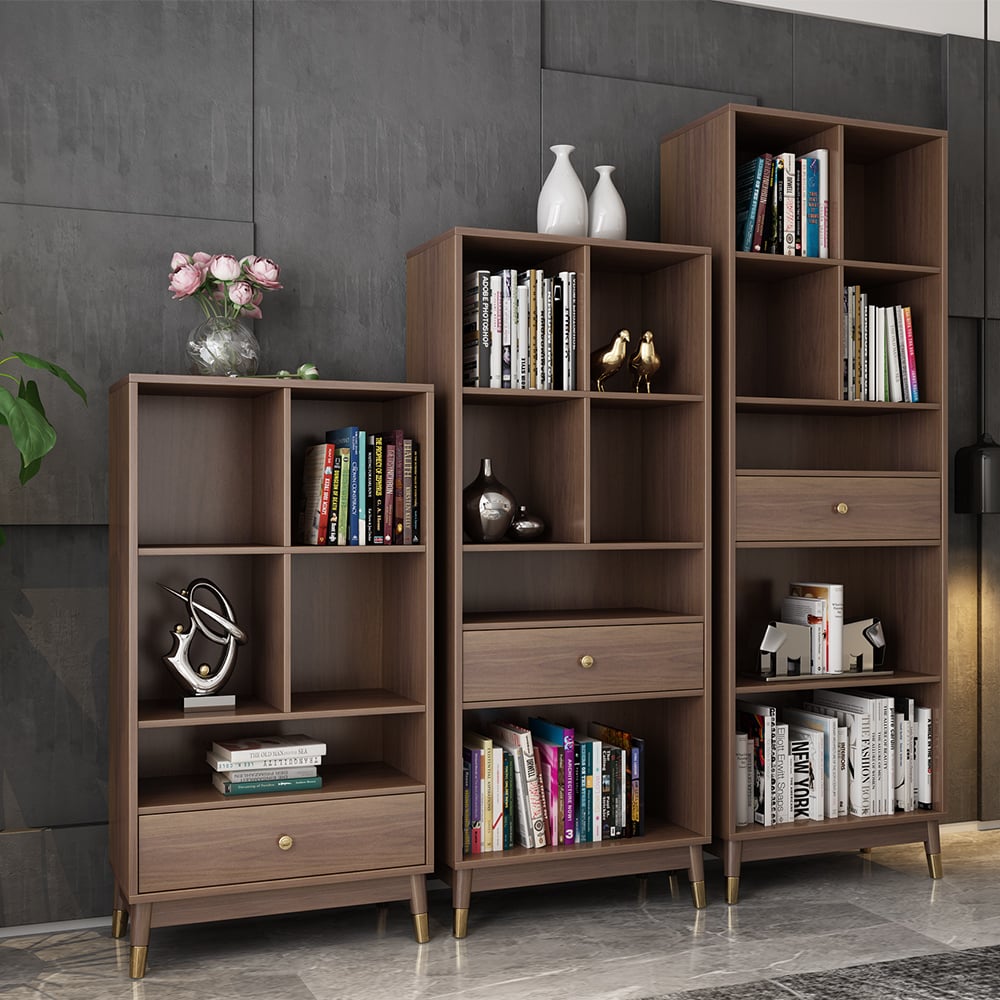 HMR - Ultic Modern Walnut Bookshelf Bookcase with Metal Frame and Drawer
