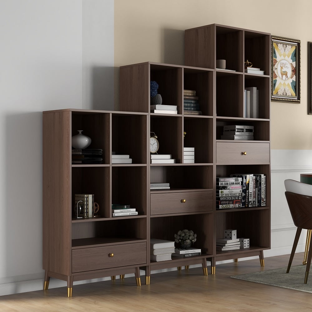 HMR - Ultic Modern Walnut Bookshelf Bookcase with Metal Frame and Drawer