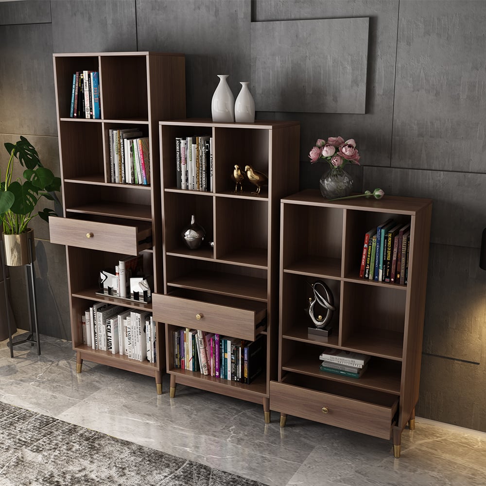 HMR - Ultic Modern Walnut Bookshelf Bookcase with Metal Frame and Drawer