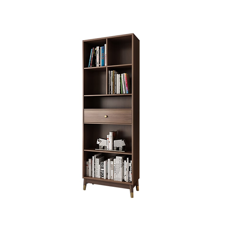 HMR - Ultic Modern Walnut Bookshelf Bookcase with Metal Frame and Drawer
