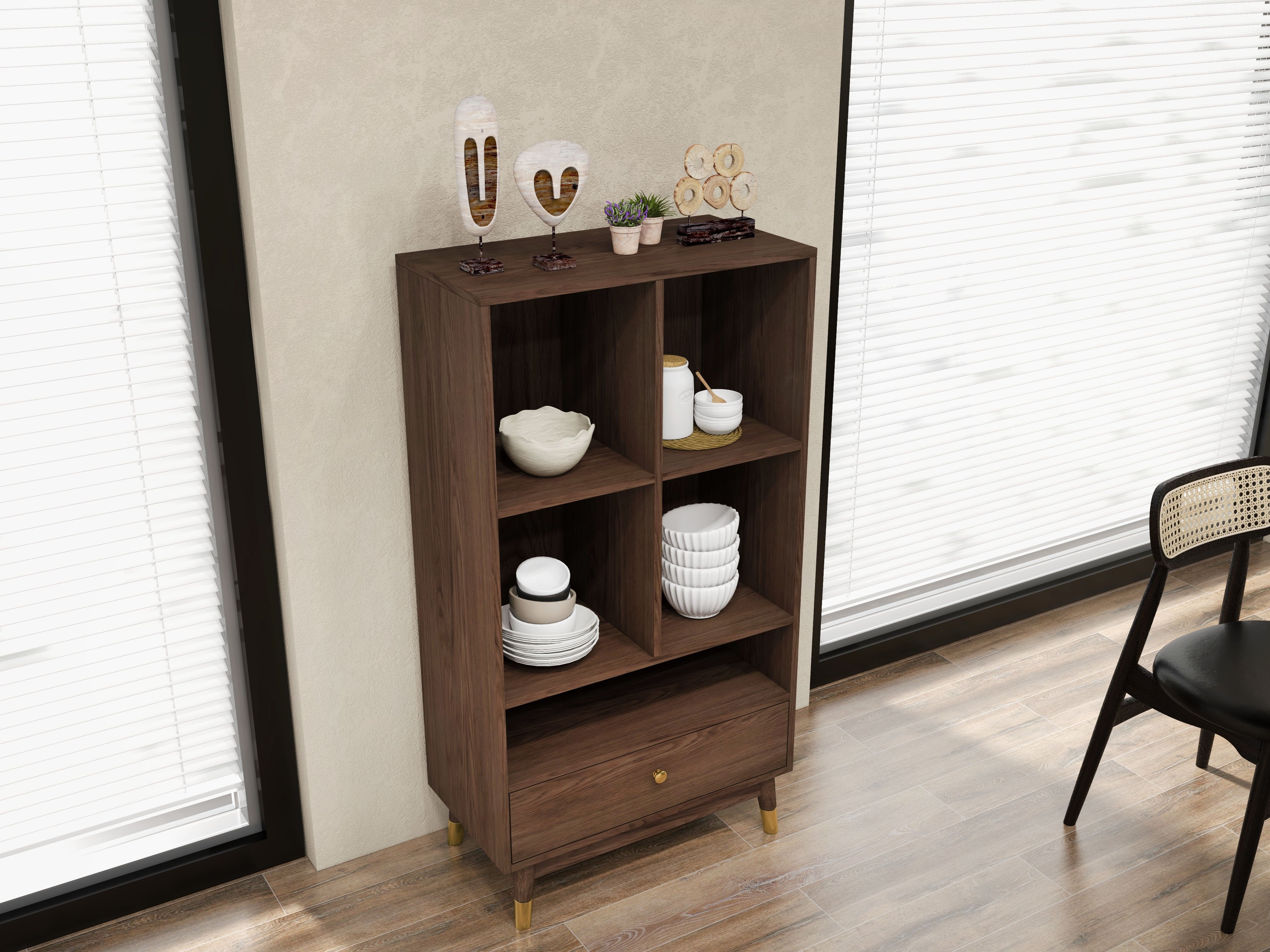 HMR - Ultic Modern Walnut Bookshelf Bookcase with Metal Frame and Drawer