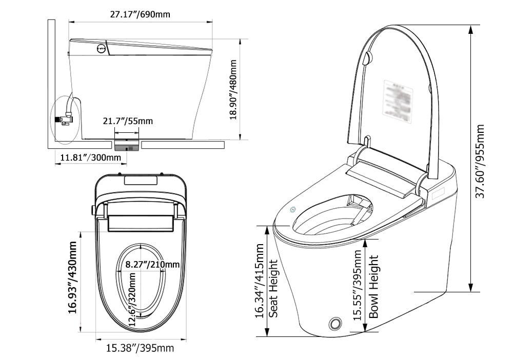 HMR - Smart Bidet Toilet with Foot Sensor Flushing 1.32 GPF