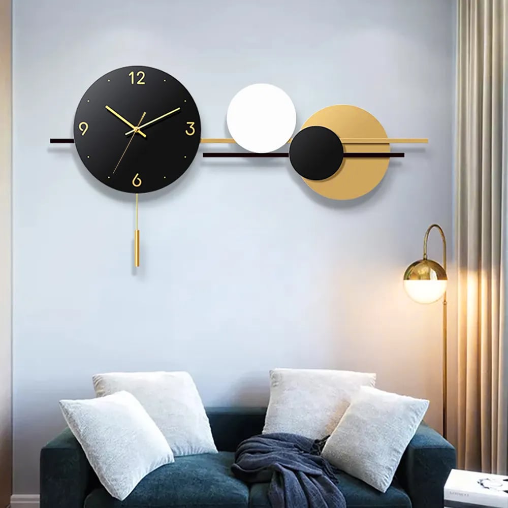 HMR - Geometric Round Digital Large Wall Clock Oversized in Black/White/Yellow