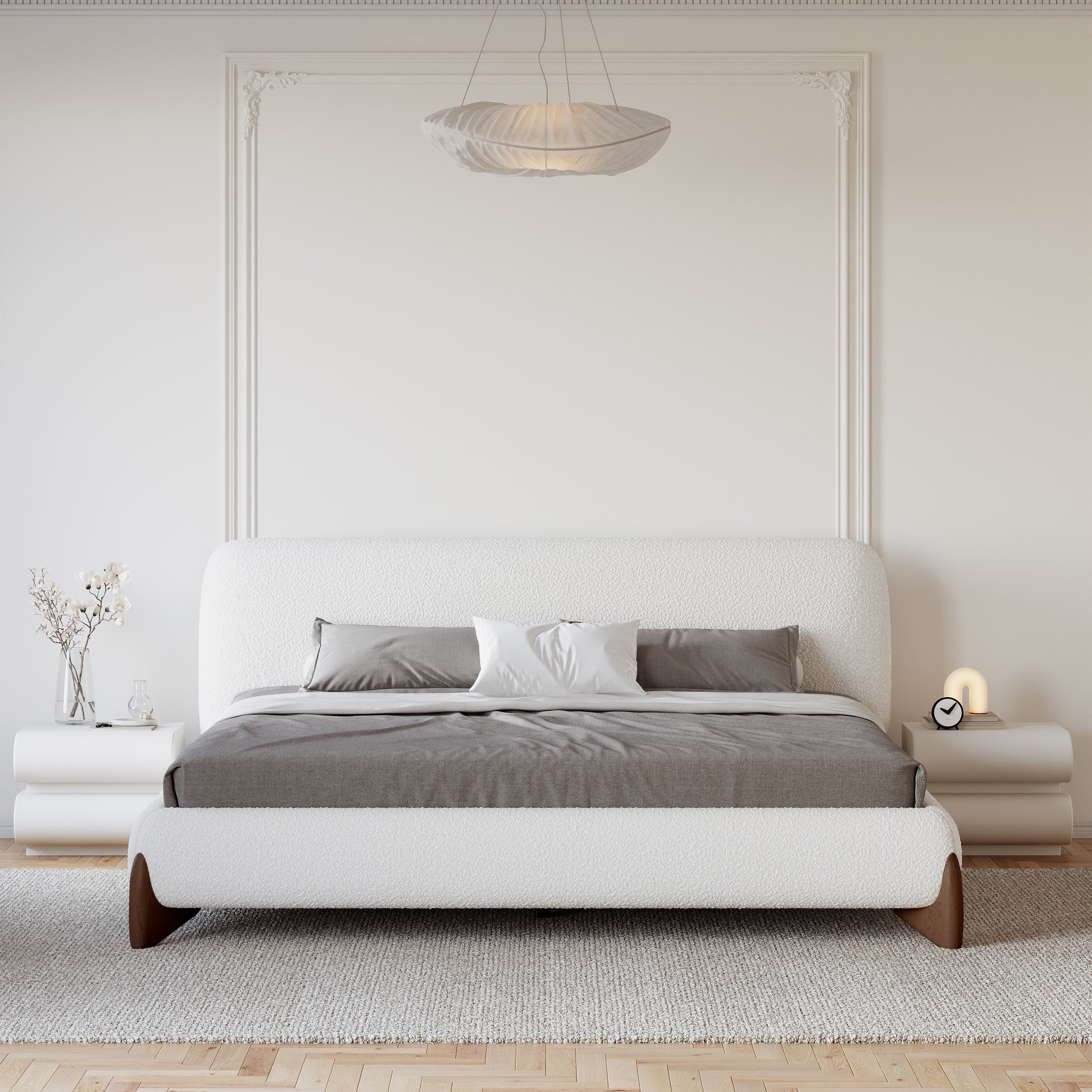 HMR - Curva Boucle Upholstered Platform Bed with Walnut Legs