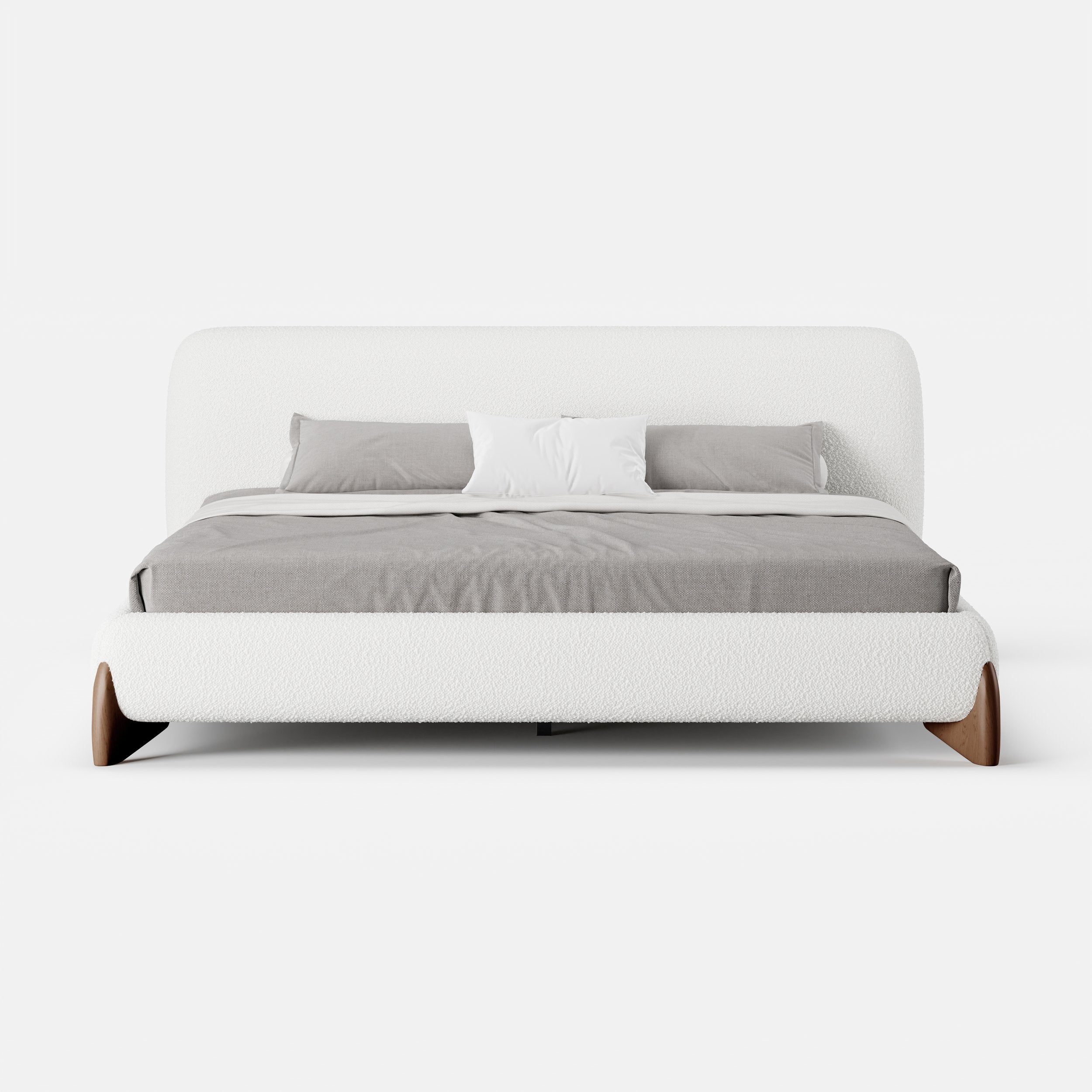 HMR - Curva Boucle Upholstered Platform Bed with Walnut Legs