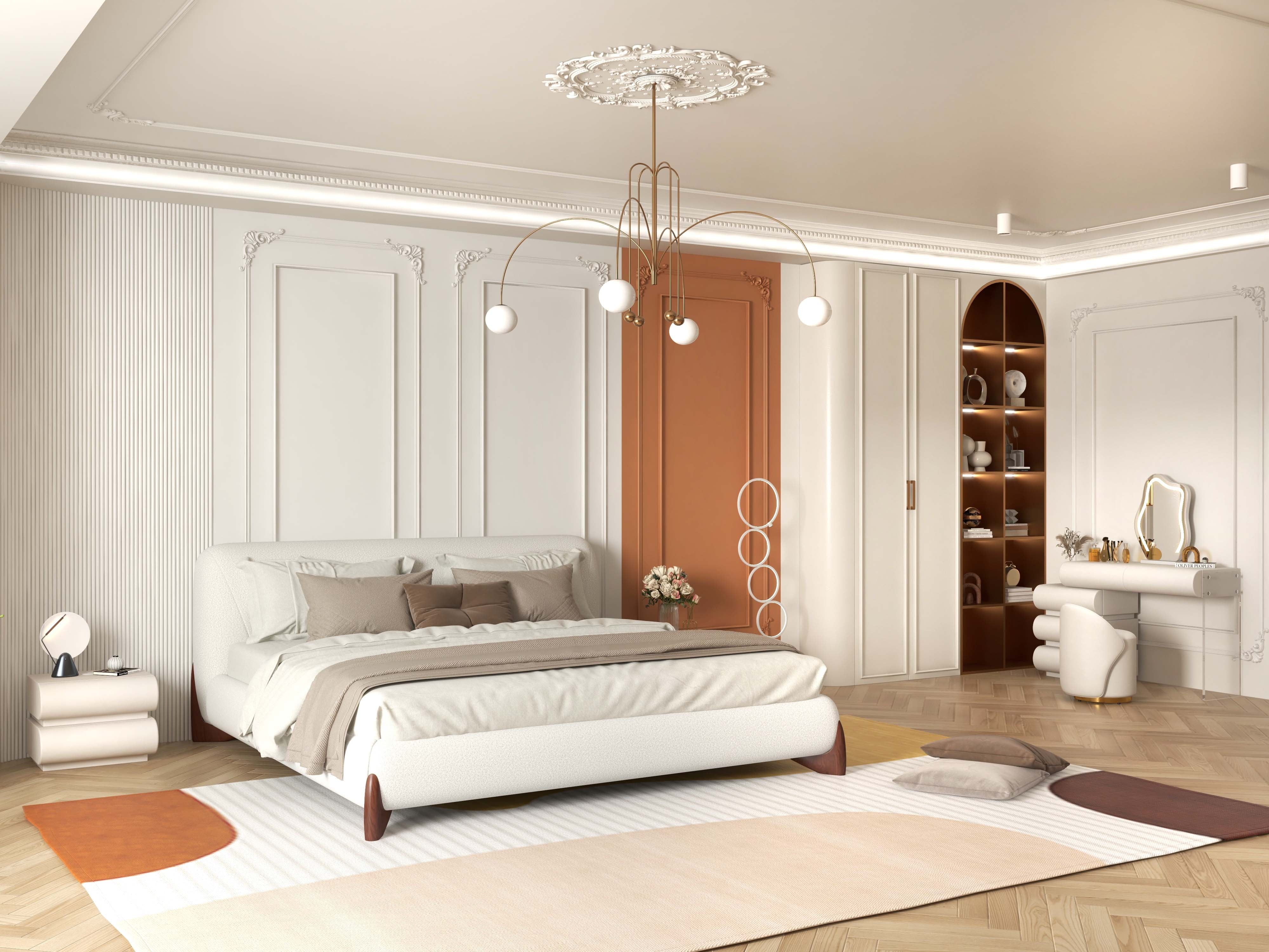 HMR - Curva Boucle Upholstered Platform Bed with Walnut Legs