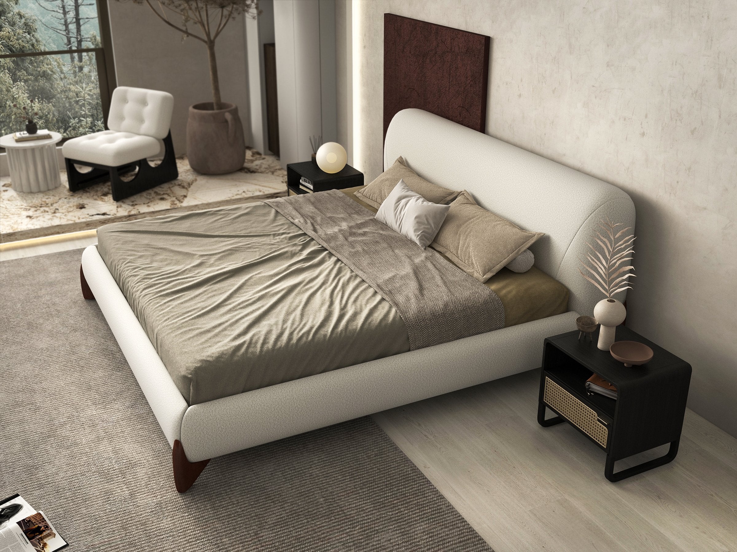 HMR - Curva Boucle Upholstered Platform Bed with Walnut Legs