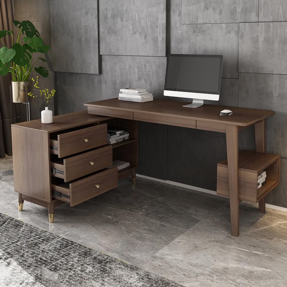 HMR - 47.2" Ultic L-Shaped Home Office Desk Desk with Storage Drawers & Shelf