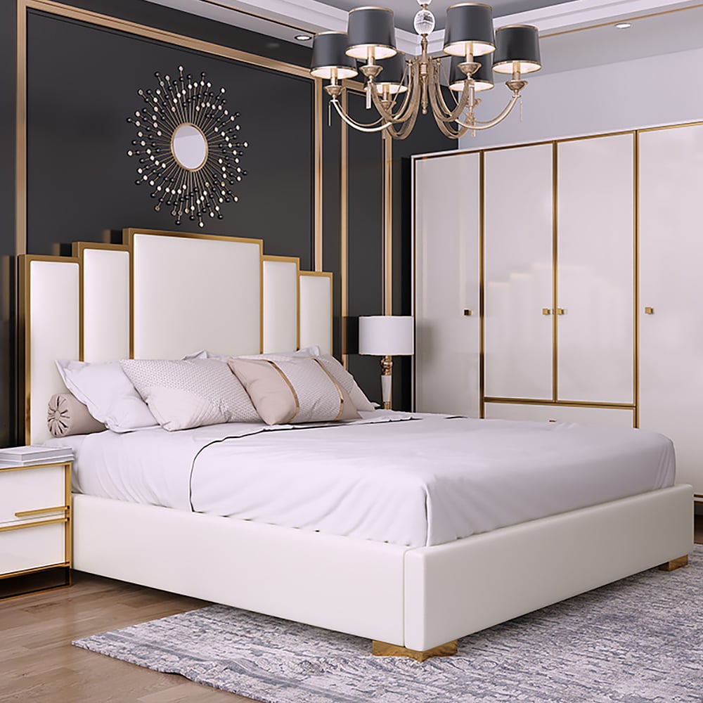 HMR - Modern Faux Leather Upholstered Bed with Geometric Headboard Included