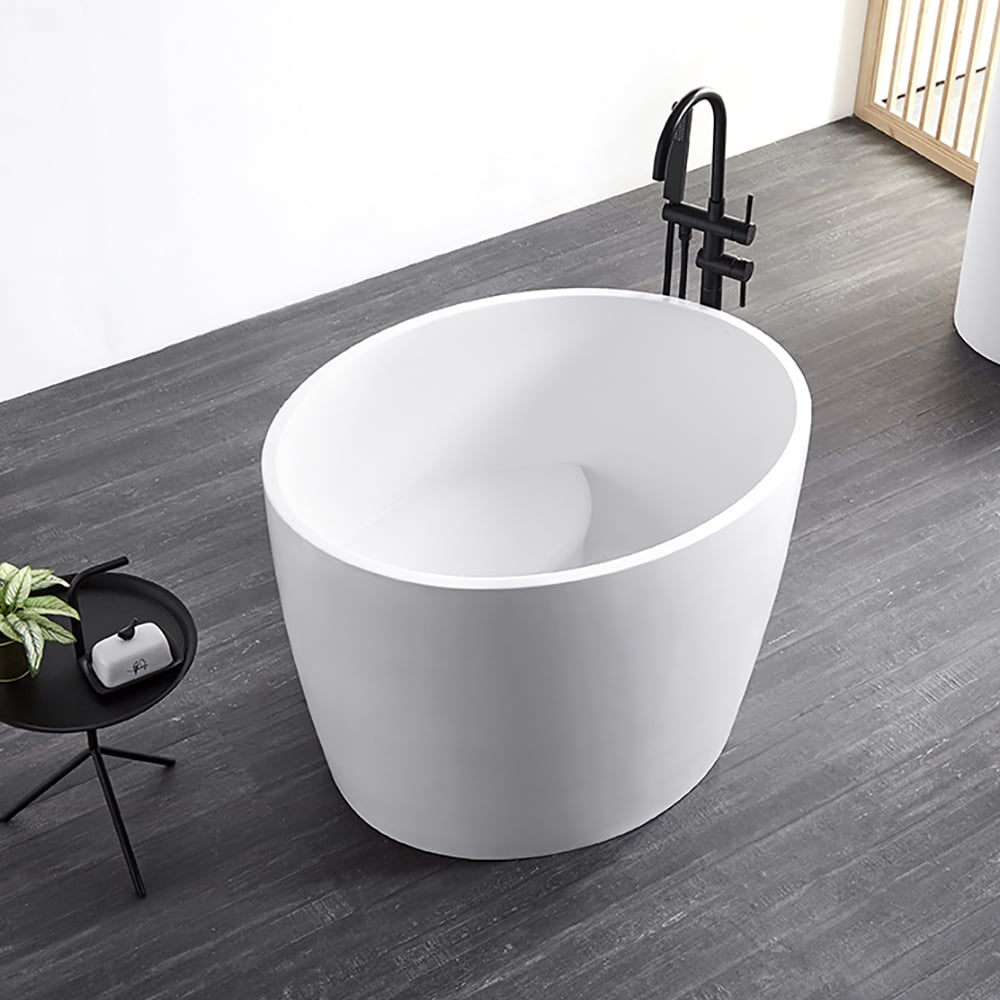 HMR - 39.37" Modern Deep Oval Freestanding Stone Resin Soaking Bathtub White