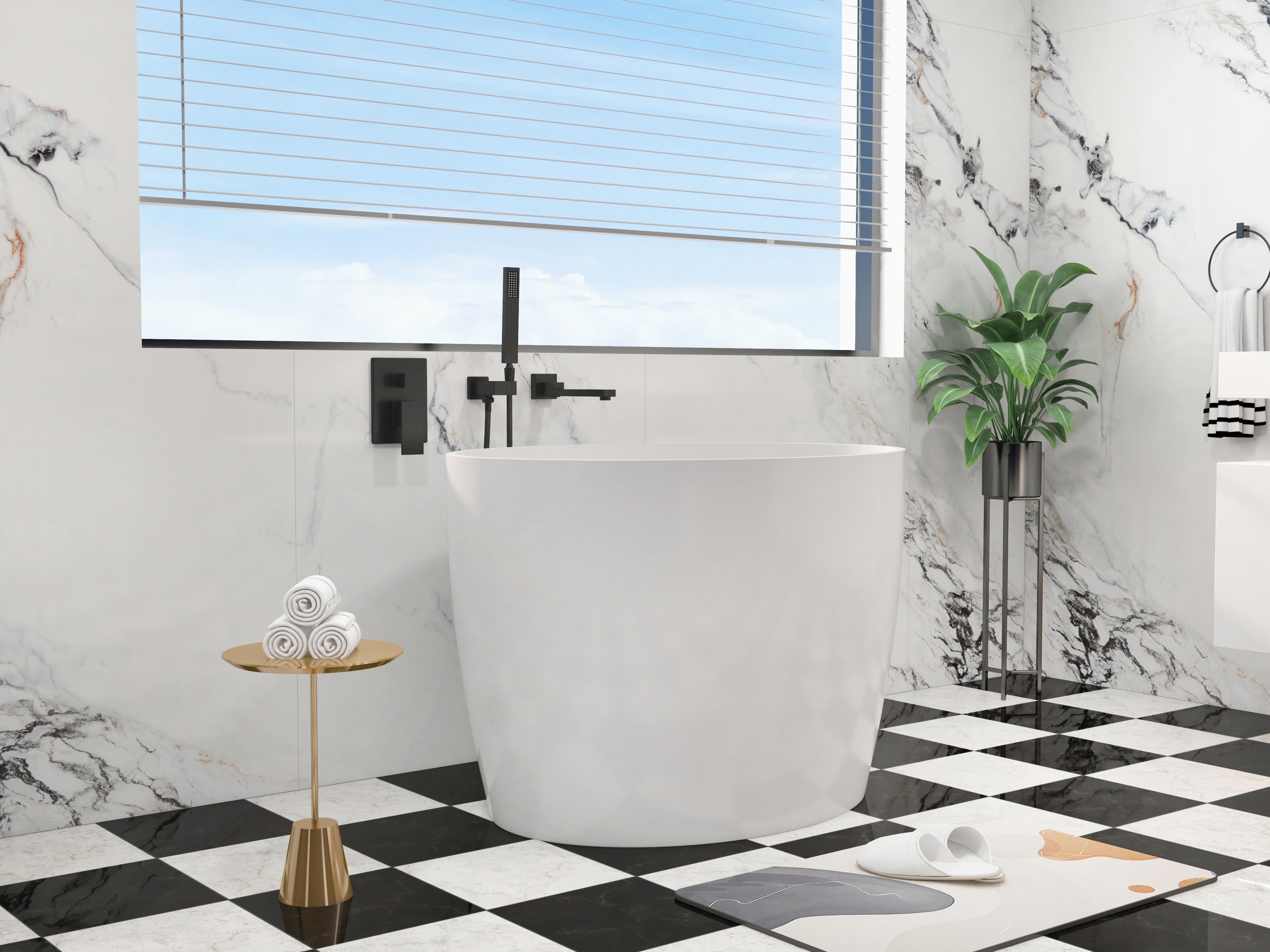 HMR - 39.37" Modern Deep Oval Freestanding Stone Resin Soaking Bathtub White